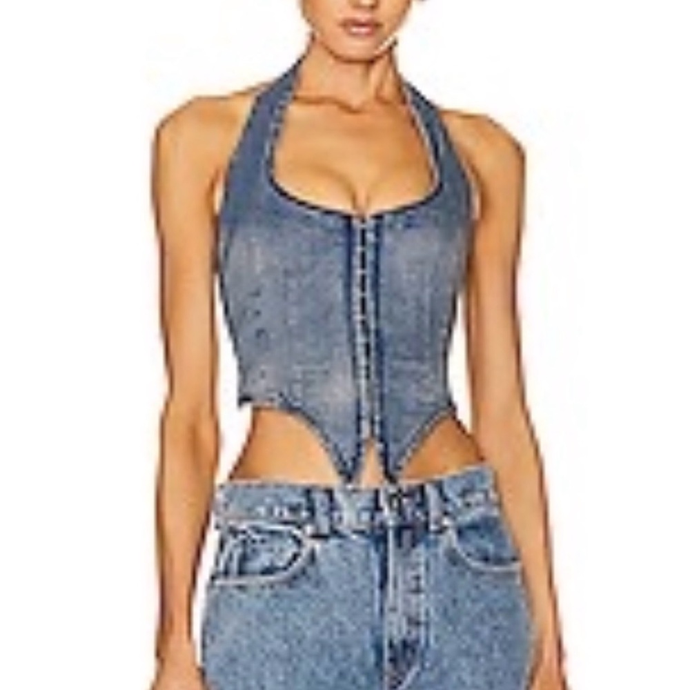 Miaou Denim Halter Corset Top in Light Blue